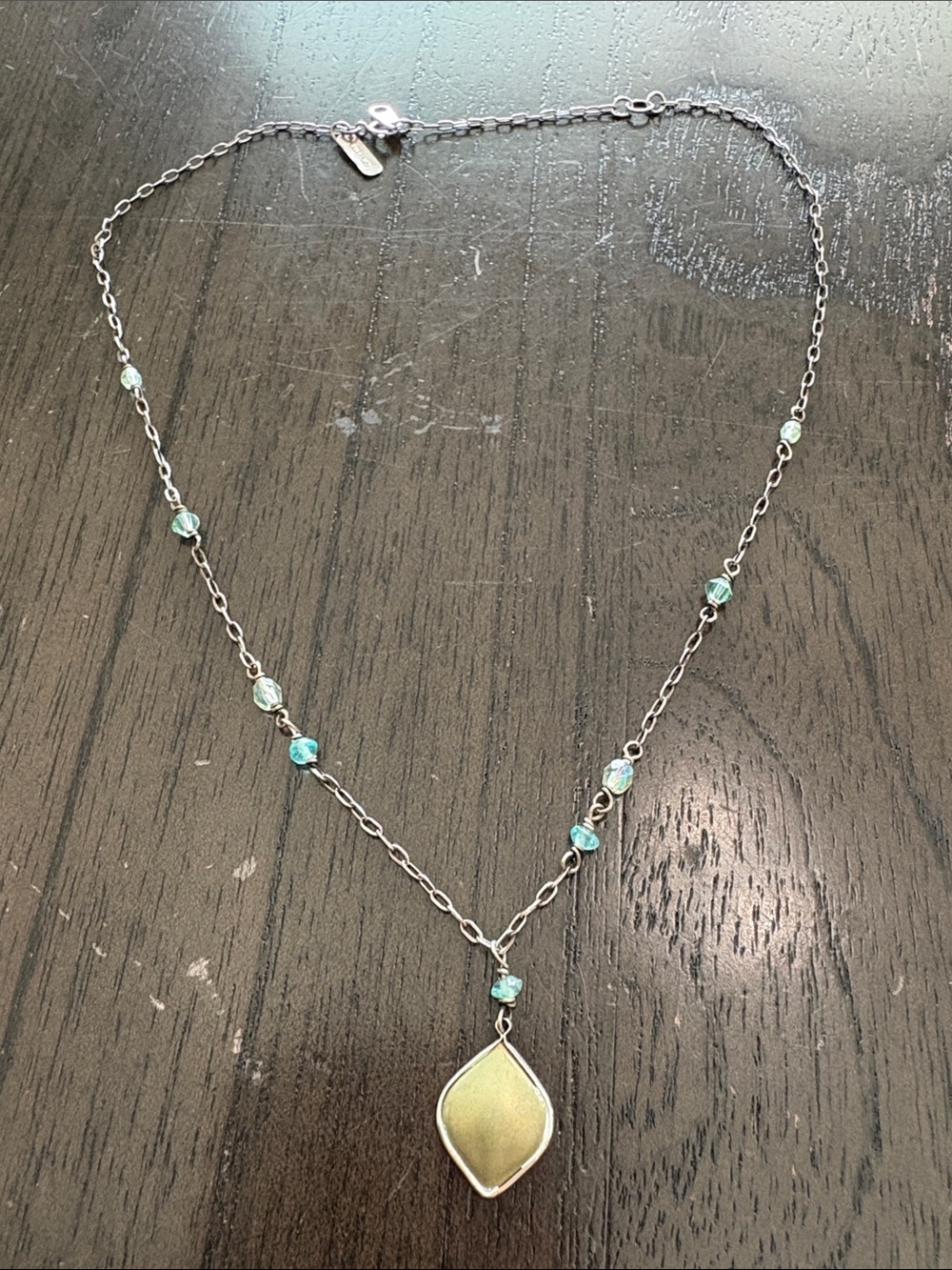 Sterling Silver Teardrop Necklace with Aqua Beads and Pale Yellow Pendant